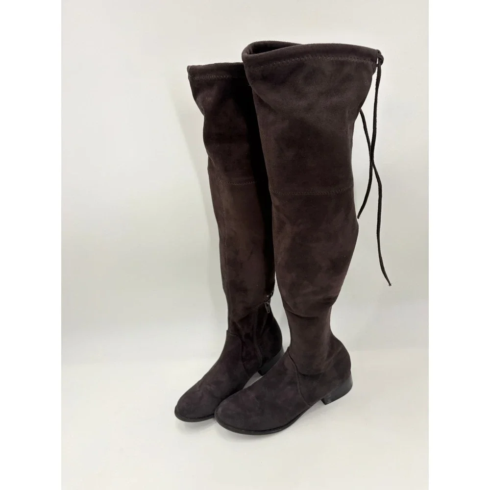 Women Dark Brown Faux Suede Over the Knee Thigh High Tie Back Boots Size 7.5